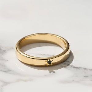 gold ring with a little star on a marble background
